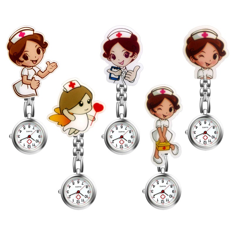 Lancardo Ladies Nurse Watch Cute Cartoon Clip-on Lapel Hanging-Pendant Doctor Clinic Staff Tunic Stethoscope Badge Quartz Fob Pocket Watch - 5 Pack - Image 1